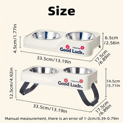 Stainless steel double-bowl elevated pet feeding bowl