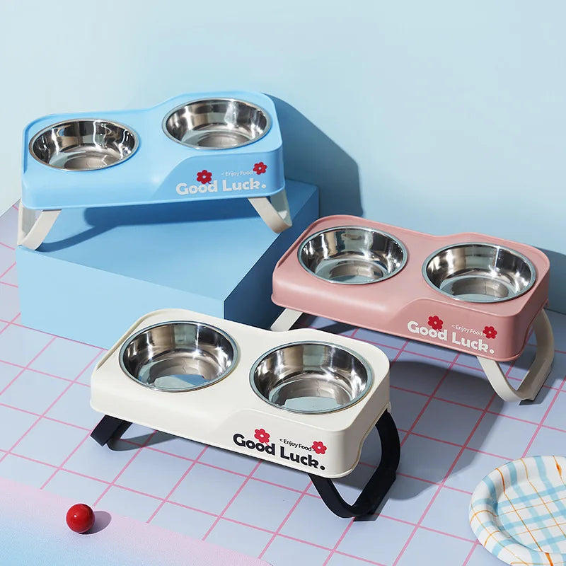 Stainless steel double-bowl elevated pet feeding bowl