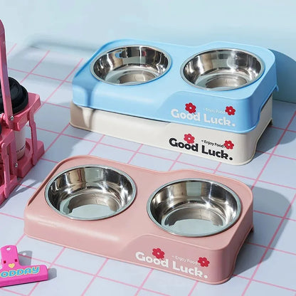 Stainless steel double-bowl elevated pet feeding bowl