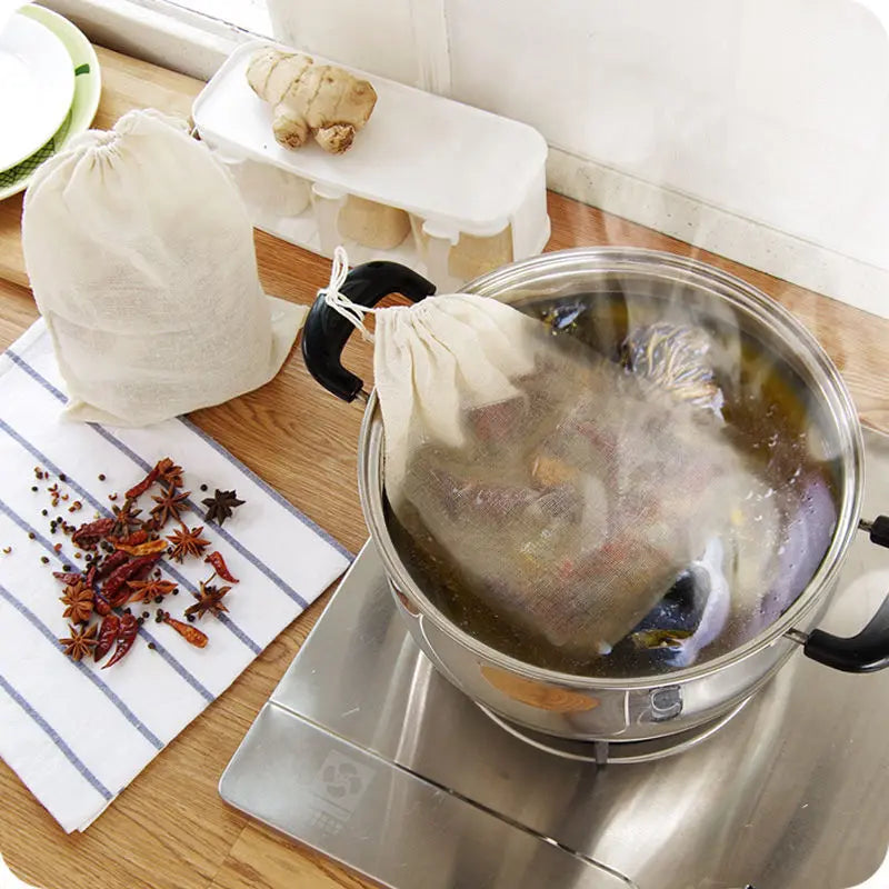 5 PC 100% Cotton Cloth Bag Spice Strainer Mesh Filter