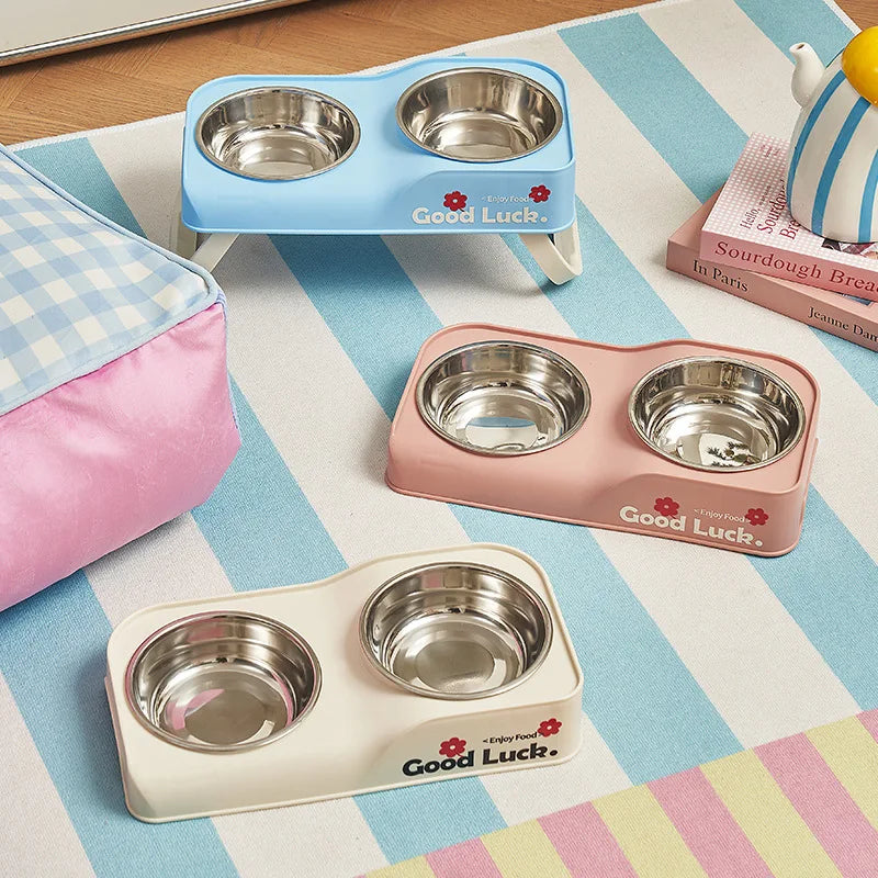 Stainless steel double-bowl elevated pet feeding bowl