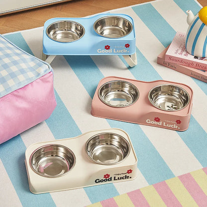 Stainless steel double-bowl elevated pet feeding bowl