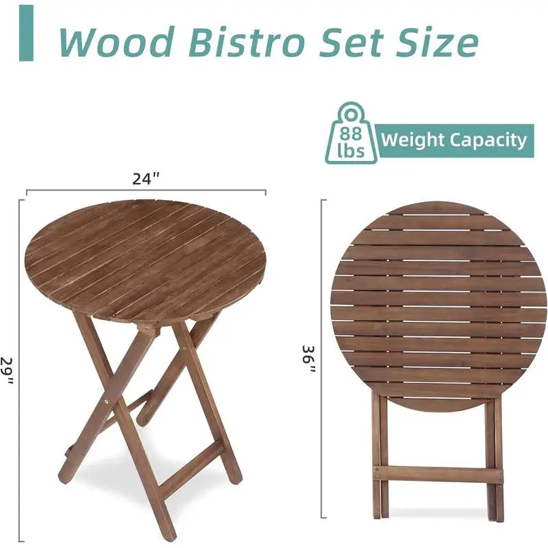 3-Piece Acacia Wood Bistro Set, Folding Patio Furniture for Garden